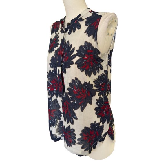 J.Crew Sleeveless White Red Blue Sequin Floral Lightweight Top Blouse Women Sz 0 - Picture 2 of 12
